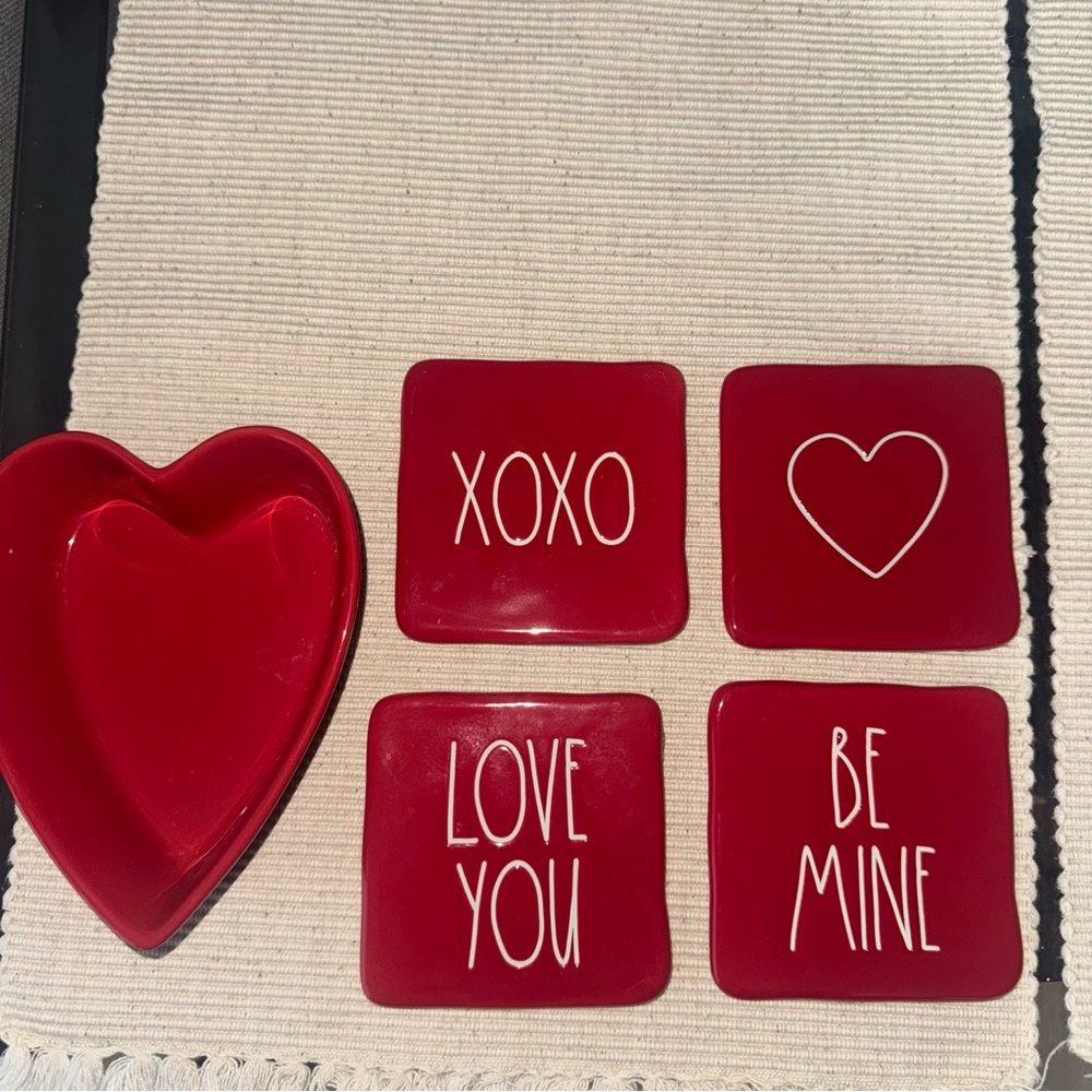 Rae Dunn Red Valentine’s Day Coasters Set of 4 & 1 Heart Candy Dish